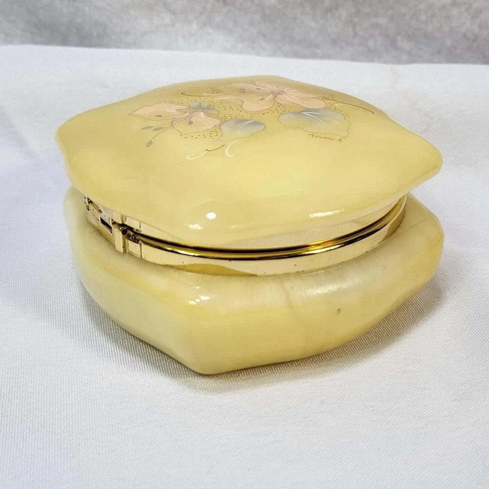 Vintage Hand Painted Porcelain Trinket Box Floral‎ Golden Tone Hinged